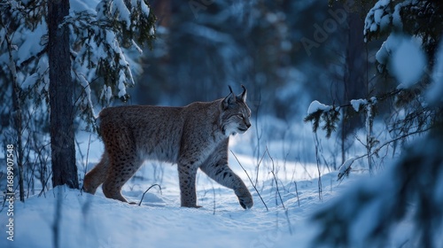 Wildlynx: Majestic Snow-Covered Forest Scene Featuring a Stealthy Feline Predator in Natural Habitat for Wildlife Photography and Nature Enthusiasts