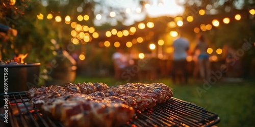 Close-up of juicy grilled meat cooking on a barbecue grill with warm glowing outdoor string lights and blurred people socializing in the background at sunset