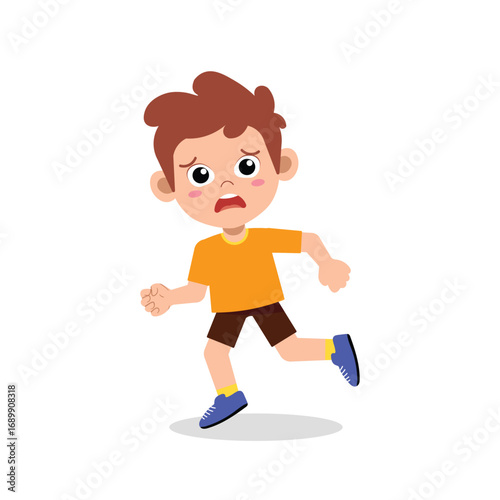 Worried young boy running, scared child in cartoon vector illustration