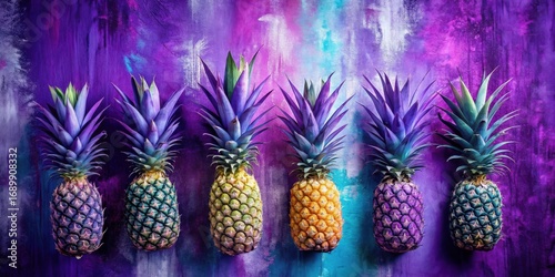 Vibrant Tropical Fruits Arranged Against a Bold, Abstract Painted Background Featuring Five Pineapples in a Row with Varied Coloration and Styling