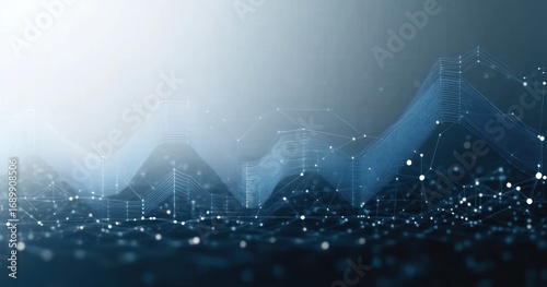 Abstract digital waveforms and network connections representing data flow over dark blue background with light gradient