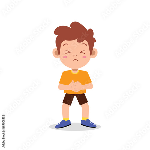 Young Boy Experiencing Stomach Ache and Abdominal Pain, Feeling Sick and Unwell Vector Illustration