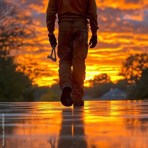 A figure walks away from the viewer, towards a vibrant sunrise, holding a tool