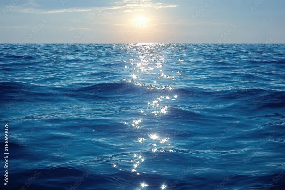 Fototapeta premium Shimmering sunlight reflecting off calm blue ocean waves during clear sky sunset