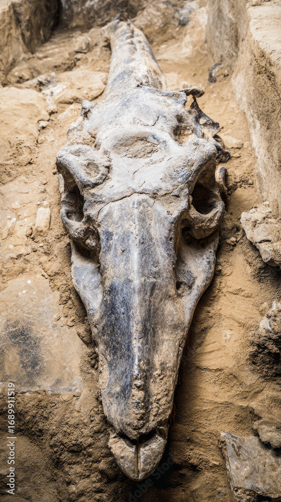 Fototapeta premium Fossilized whale skull with exaggerated cartoonish features, half-submerged in an ancient seabed. 