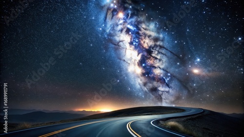 A winding asphalt road curves gently upward, disappearing into a breathtaking vista of a star-filled night sky, showcasing a luminous galaxy overhead