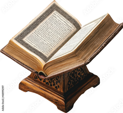 Open antique Quran on a wooden stand book islamic