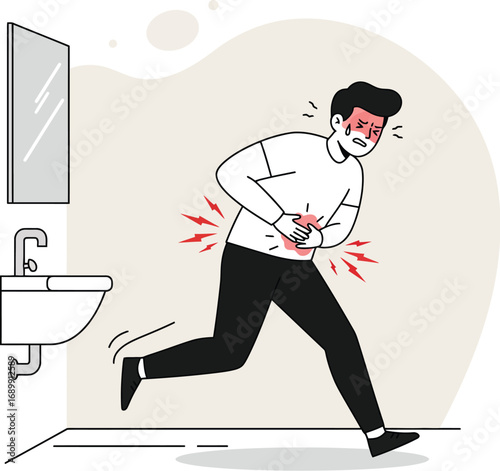 Man experiencing severe stomach pain, rushing to bathroom.
