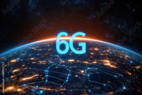 Glowing blue 6G text floating above a digitally connected earth with illuminated cities and network lines under a starry space sky