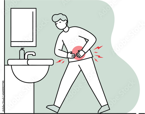 Man experiencing abdominal pain in a bathroom, holding stomach with discomfort and visible pain indicators.