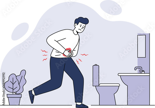 Man in pain, clutching his stomach, rushing to the bathroom.