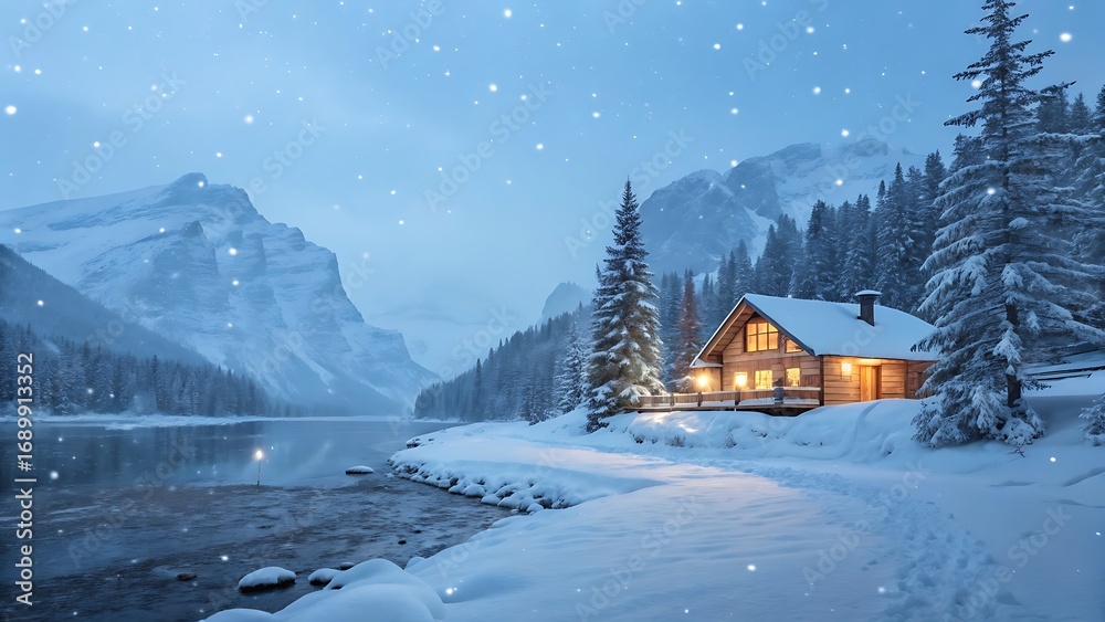 Fototapeta premium Cozy winter cabin lights glow in snowy mountain landscape with gentle snowfall