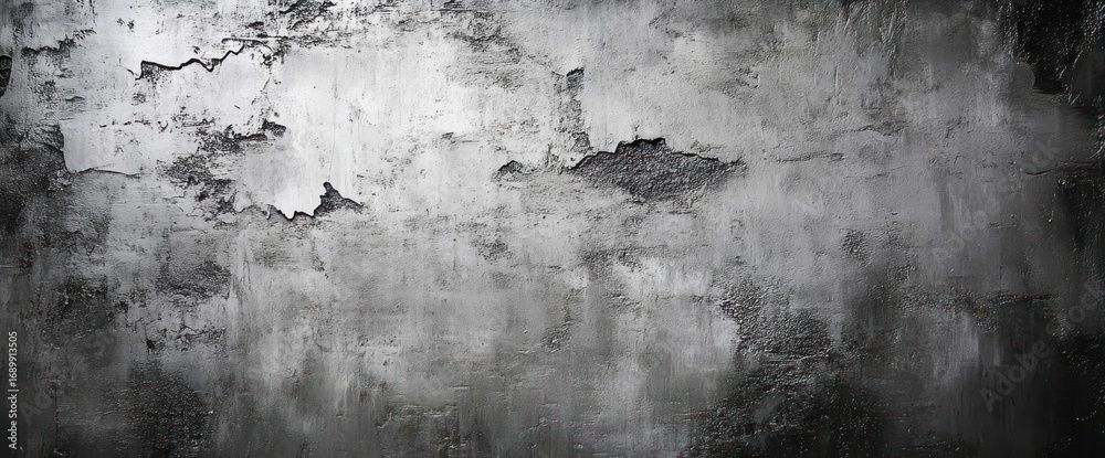 Fototapeta premium textured black and white grunge wall with peeling paint and rough surface conveying decay and urban wear