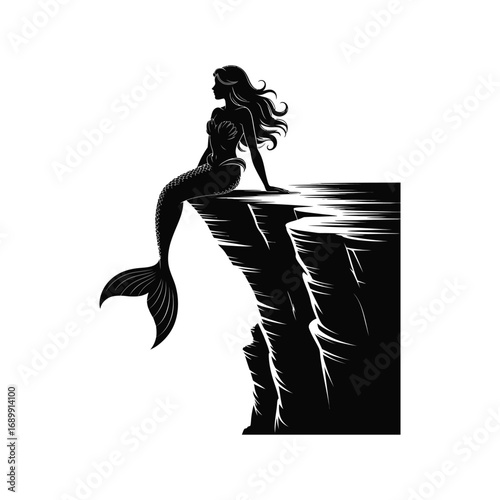 Underwater Coral Reef Mermaid Silhouette Illustration with Vibrant Marine Life Inside