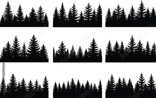 Collection of pine tree silhouettes, conifer forest clipart, evergreen tree vector set, black woodland background, nature landscape bundle, winter tree shapes