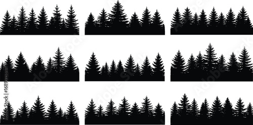 Pine forest silhouette bundle, fir tree vector collection, black evergreen tree set, nature woodland shapes, winter forest background, outdoor landscape clipart