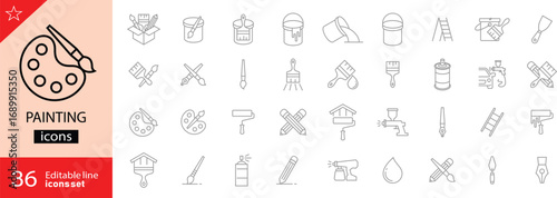 Painting line icon set. Containing paint, artwork, paintbrush, artist, museum, painter, art gallery, paint stroke and more. Solid vector icons collection. Editable stroke. Perfect for infographics.