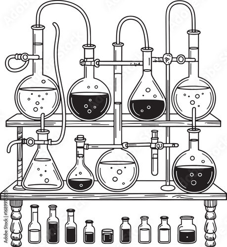Vintage Chemistry Lab Illustration with Glassware and Equipment on Wooden Table