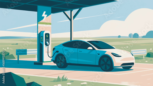 Illustration of Electric Car Charging in Nature Outdoor Vector Design Template