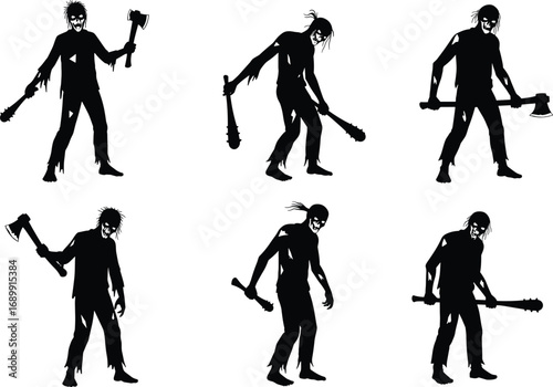 Scary zombie vector illustration, horror undead silhouettes, walking dead characters with weapons, Halloween monster graphic design, apocalypse scene, isolated black artwork