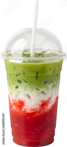 Strawberry Matcha Iced Latte in a To-Go Cup with a Dome Lid on Transparent Background

