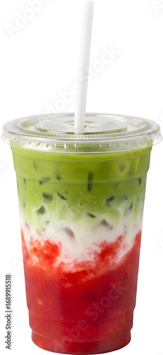 Strawberry Matcha Iced Latte in a To-Go Cup with a Flat Lid on Transparent Background

