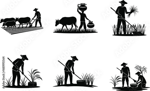 Traditional farming silhouette vector set, agriculture workers, rice field scenes, livestock plowing, rural lifestyle illustration for design, print, education, and projects