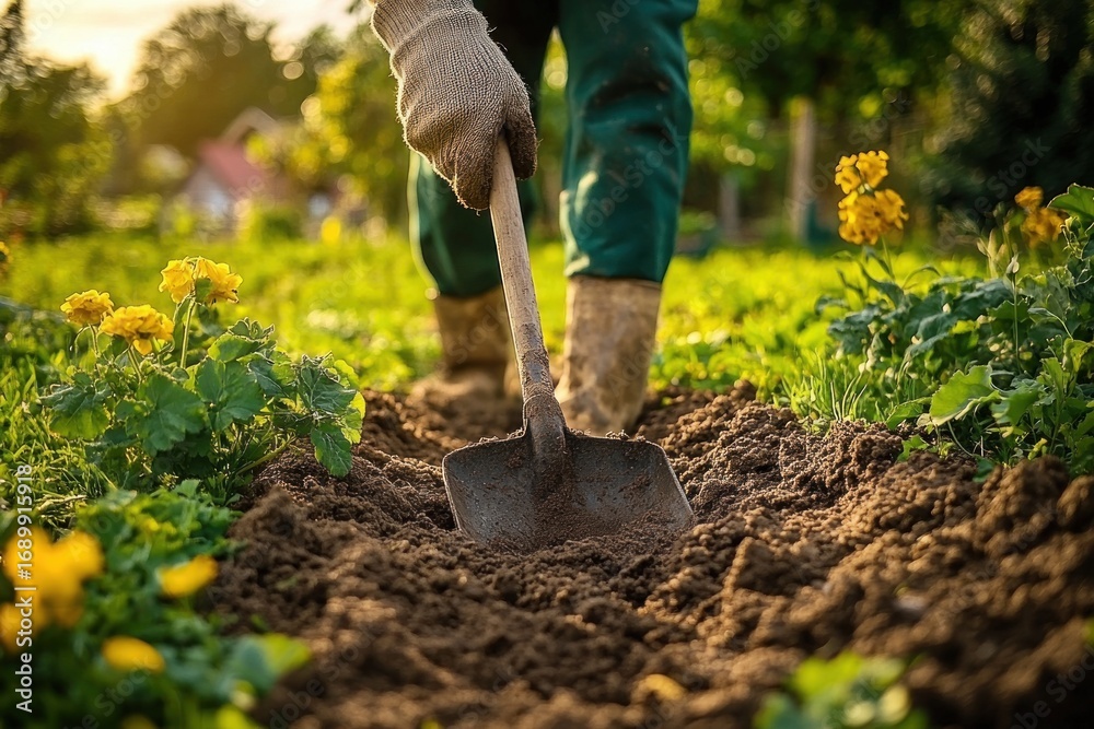 Fototapeta premium Person digging soil in a garden surrounded by yellow flowers on a sunny day, highlighting outdoor gardening activity and nature