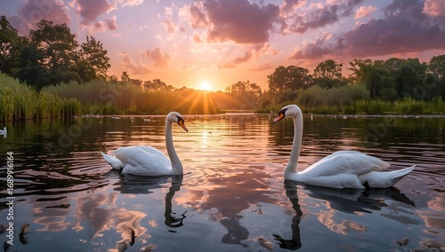 Fototapeta Naklejka Na Ścianę i Meble -  Two graceful white swans glide on the peaceful lake at sunset, their reflection mirroring the beautiful sky
