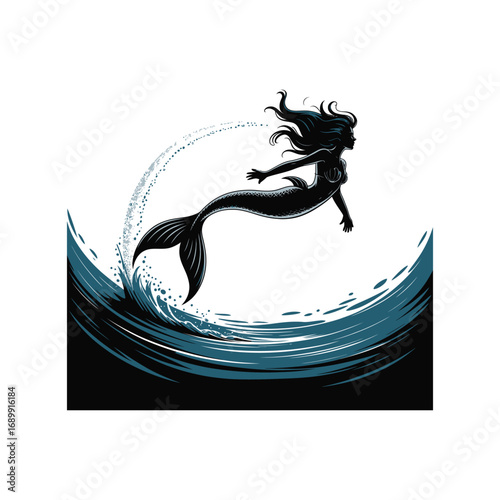 Mermaid Combing Hair Silhouette Illustration in Water Vector Art Design