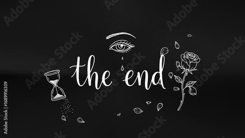 Artistic representation of a tearful eye, hourglass, and rose symbolizing the end of a journey