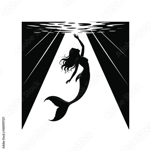 Mermaid Silhouette Illustration Combing Hair with Flower Adornment in Seaweed Circle Design