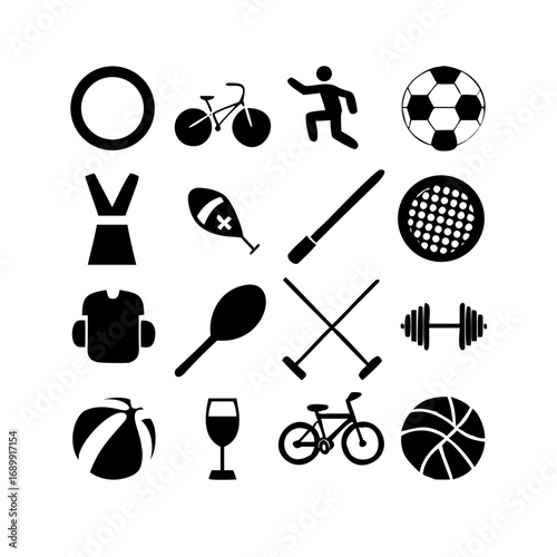 A bold pictogram set of 15 sports and fitness icons in clean monochrome style. Includes football, basketball, tennis racket, baseball bat, cycling, swimming, running, yoga pose, dumbbell, whistle, med