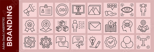 Minimal line icon set for branding and marketing, featuring logos, identity, communication, design, creativity, and business strategy.