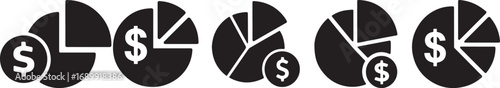 Set of pie chart icons with dollar symbols, representing financial analysis, business statistics, investment profit, revenue distribution, economic growth, budget planning, and money management concep