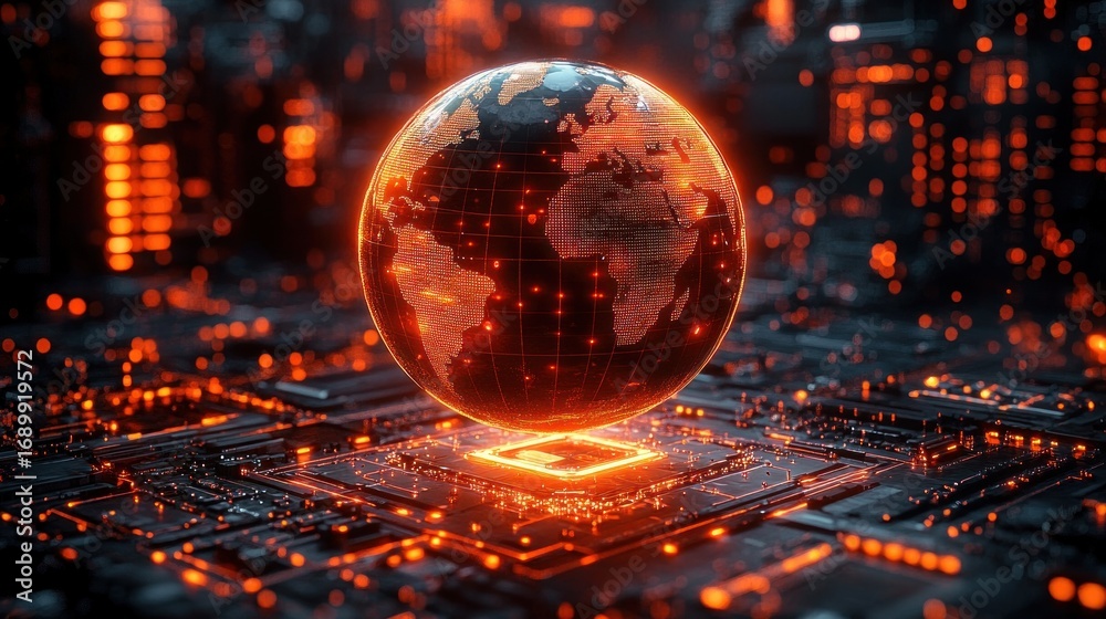 Fototapeta premium Glowing digital globe with continents illuminated in orange floating above a high-tech circuit board in a dark futuristic environment