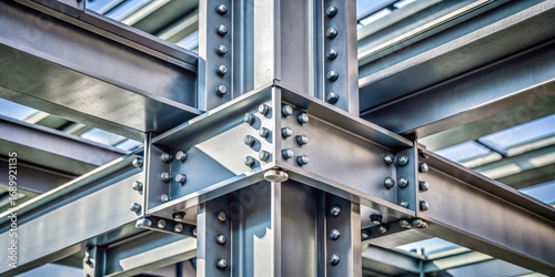 Close-up view of a robust steel structure, showcasing strong beams and meticulously placed fasteners, emphasizing industrial strength and precision engineering.