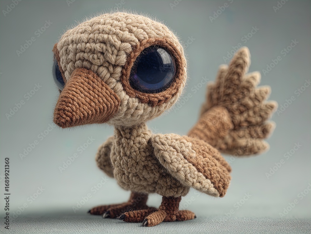 Obraz premium charming amigurumi moose 3d poster: a photorealistic handmade crochet toy for sports interiors, featuring textured yarn, adorable chibi design, and soft, natural lighting on a deep green background.
