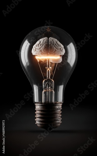 An incandescent light bulb holds a glowing brain where the filament would be, on a dark background, symbolizing ideas and intellectual power