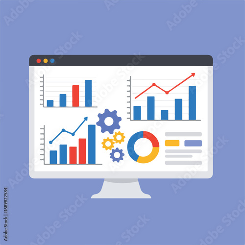 A computer monitor displays data analytics with bar graphs, line graphs, a pie chart, and gears, set against a light purple background, indicating data processing.
