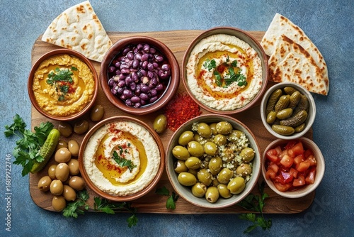 Wallpaper Mural Wooden serving board with assorted Middle Eastern appetizers including hummus, olives, pickles, diced tomatoes, flatbread, and herbs, presented on a blue surface Torontodigital.ca