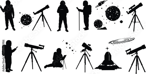 Astronaut silhouettes, telescope observation, space exploration, stargazing, astronomy tools, galaxy icons, cosmic discovery, planets, stars, science silhouettes