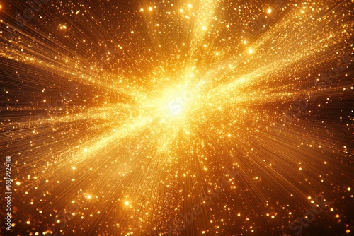 Radiant golden burst of light particles and glowing sparkles spreading outward in dynamic, vibrant motion
