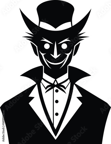 Black and white silhouette of a devilish character in a top hat and tuxedo with sharp features and a sinister smile
