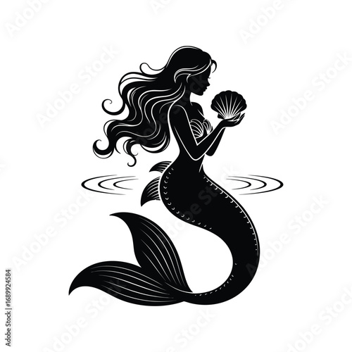 Enchanting Mermaid Silhouette Illustration Holding Seashell with Flowing Hair and Scaled Tail