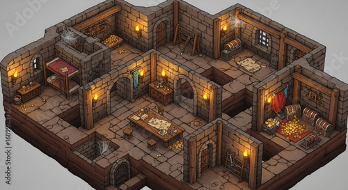 Isometric dungeon map illustration for tabletop rpg games and fantasy adventure with treasure and rooms layout design