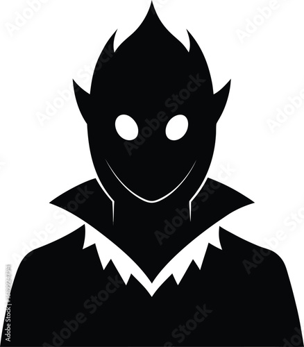 Silhouette of a smiling imp or demon with pointed ears and a jagged collar on a white background devil