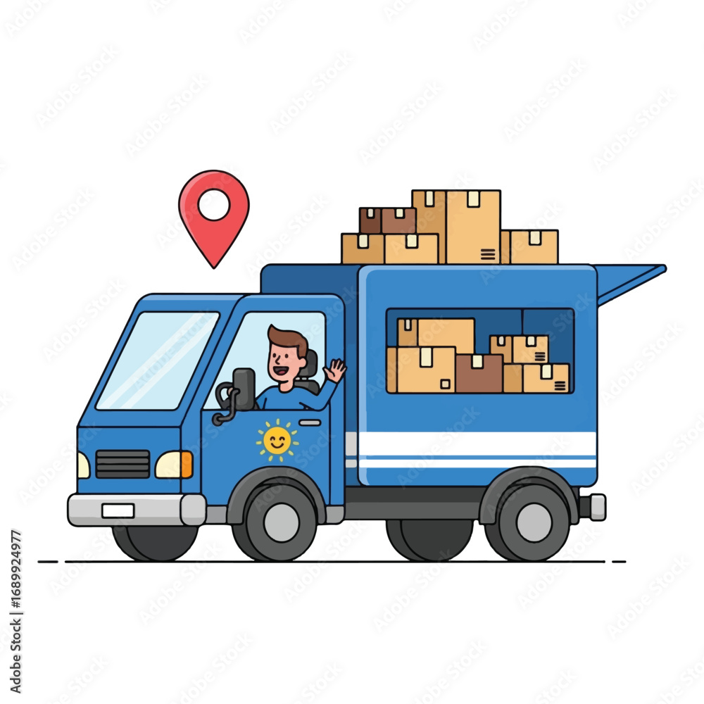 Fototapeta premium Cartoon illustration of a blue delivery truck with a driver waving, carrying boxes, and marked with a location pin.