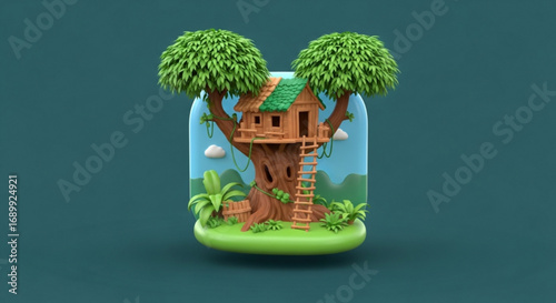 Explore whimsical treehouse illustration with ladder and lush foliage for children's book and game design
