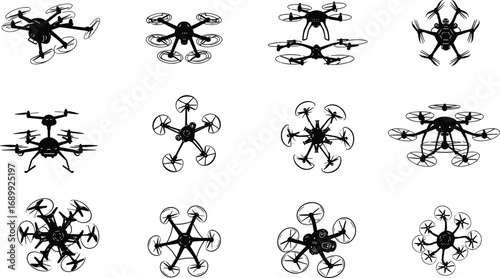 Collection of various drone silhouettes, quadcopters, hexacopters, octocopters, UAVs, aerial technology, flying drones, unmanned aerial vehicles, black drone icons